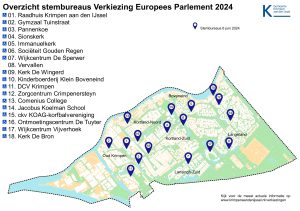 Plattegrond met stembureaus in Krimpen aan den IJssel.
