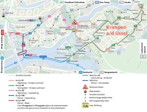 Kaart met openbaar vervoersroutes in Krimpen aan den IJssel en omgeving tijdens de afsluiting van de Algerabrug. 